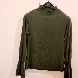 Green BlankNYC Green Turtleneck Blouse with Elasticized ruffle detail